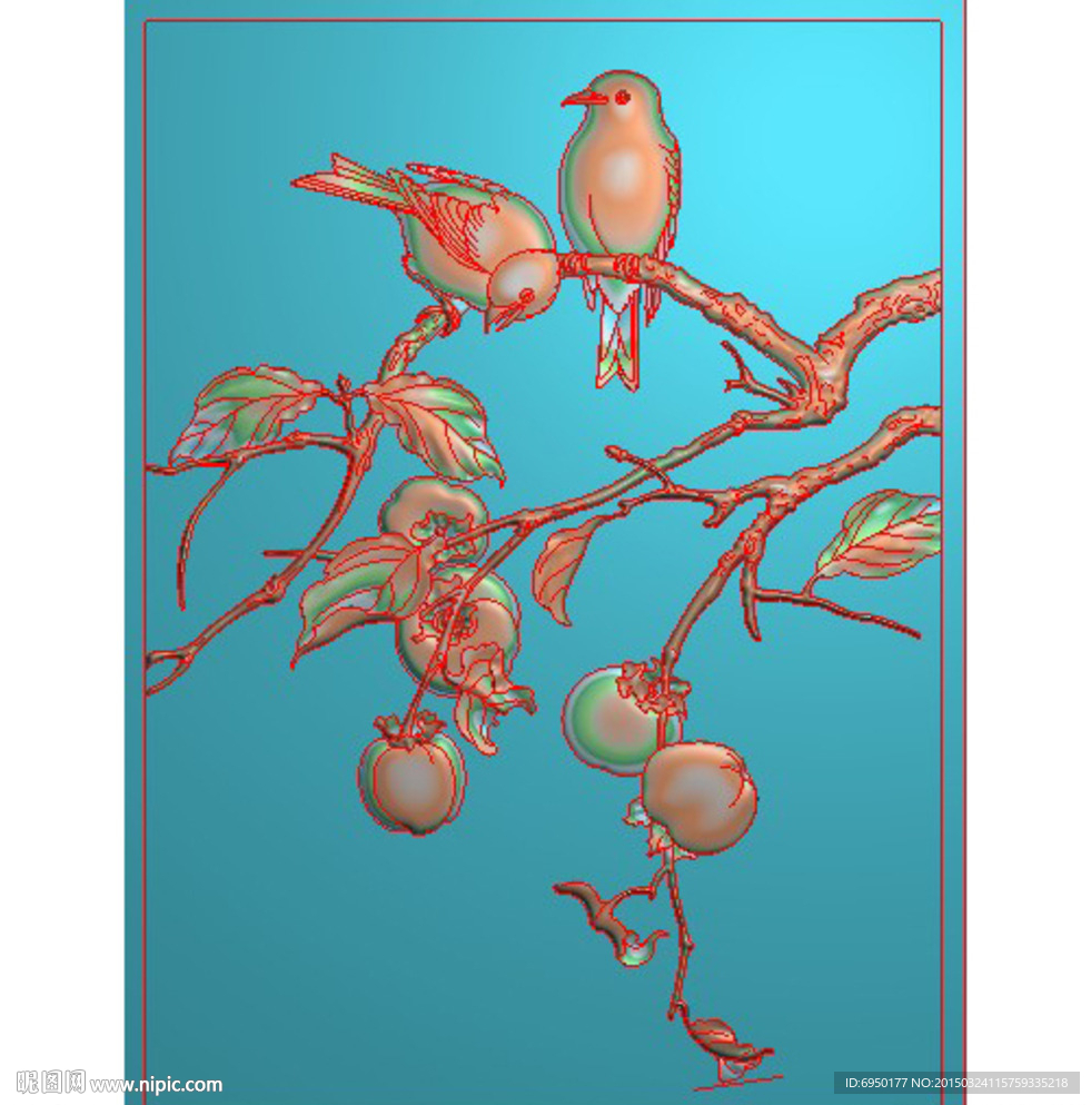 柿子鸟花鸟枝头鸟精雕图灰度浮雕