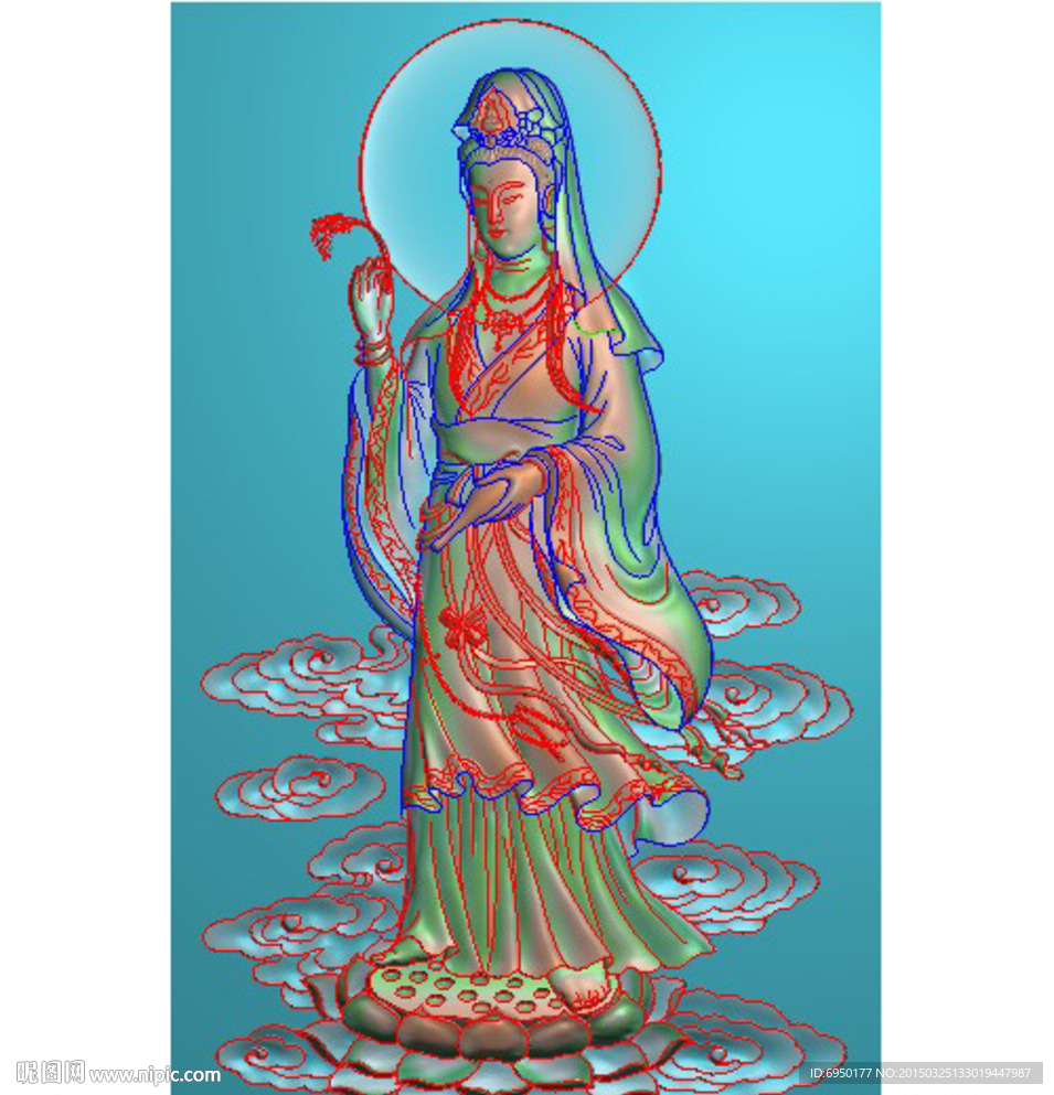 站立观音南海观音精雕图灰度浮雕