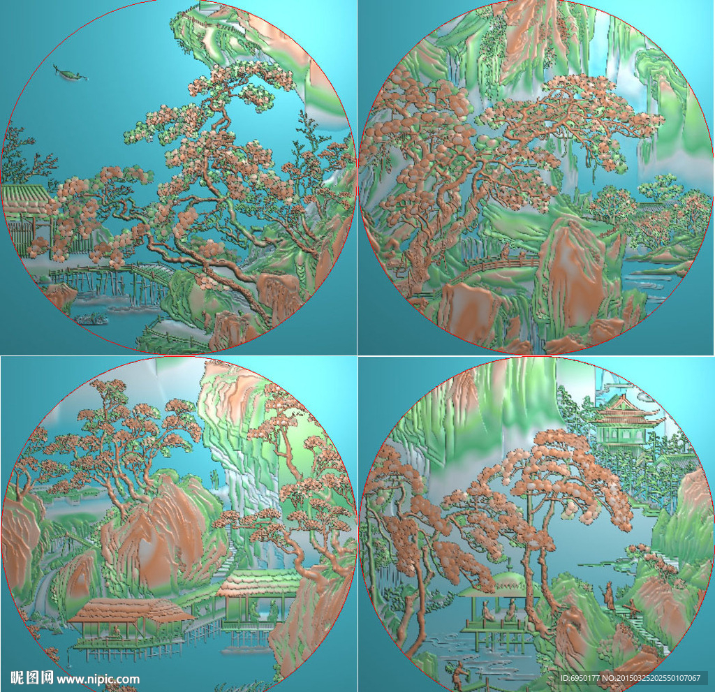 唐伯虎山水风景精雕图灰度图浮雕