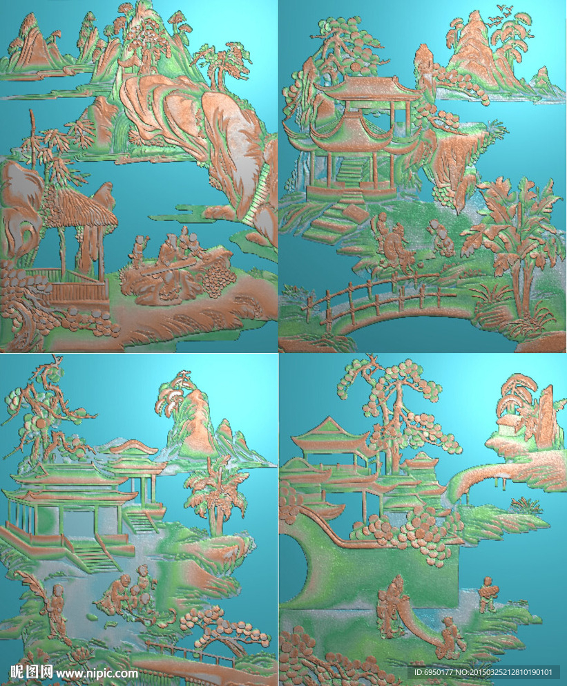 山水人物琴棋书画书柜精雕图浮雕