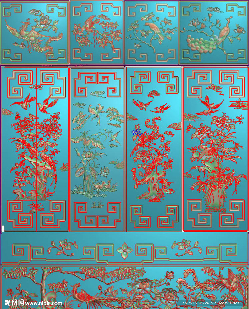 凤凰牡丹顶箱柜精雕图灰度图浮雕
