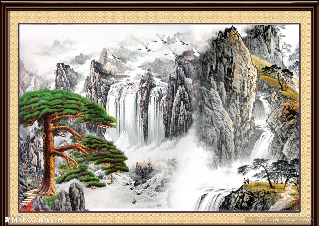 山水迎客松国画