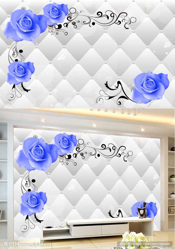 软包电视背景墙 玫瑰电视背景墙