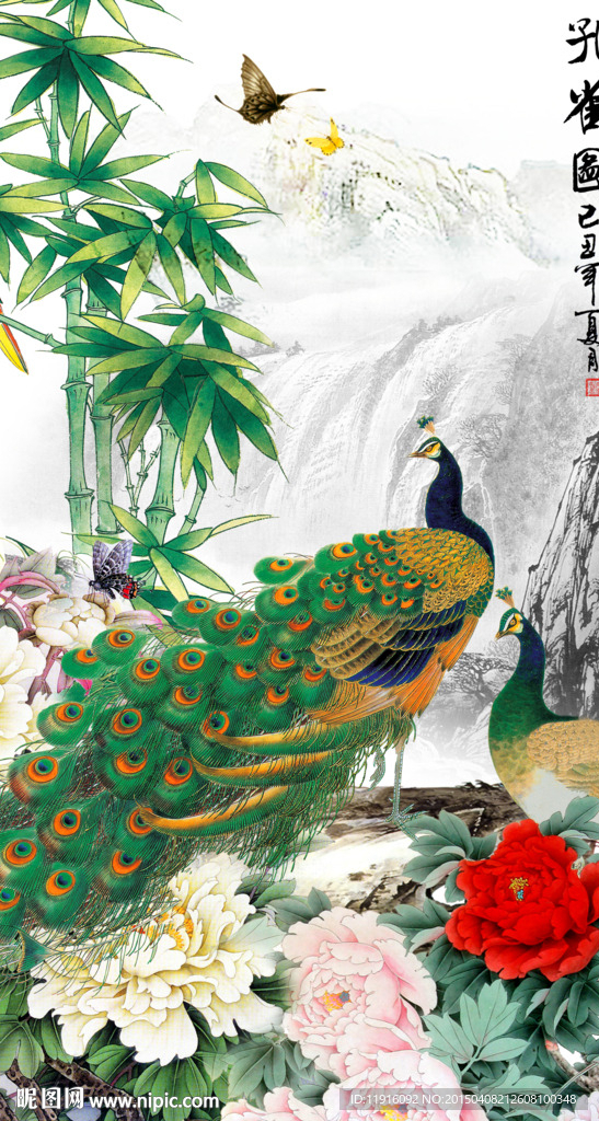 花开富贵 孔雀