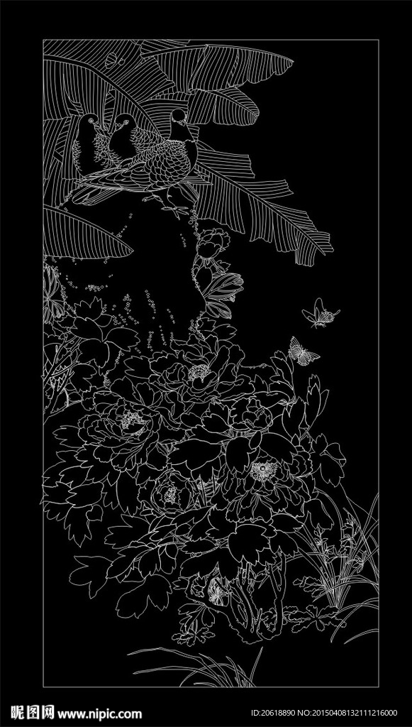 鸽子牡丹芭蕉叶