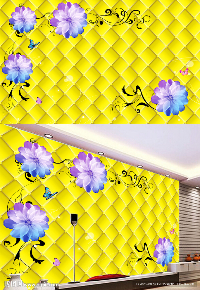 金色软包花卉电视背景墙