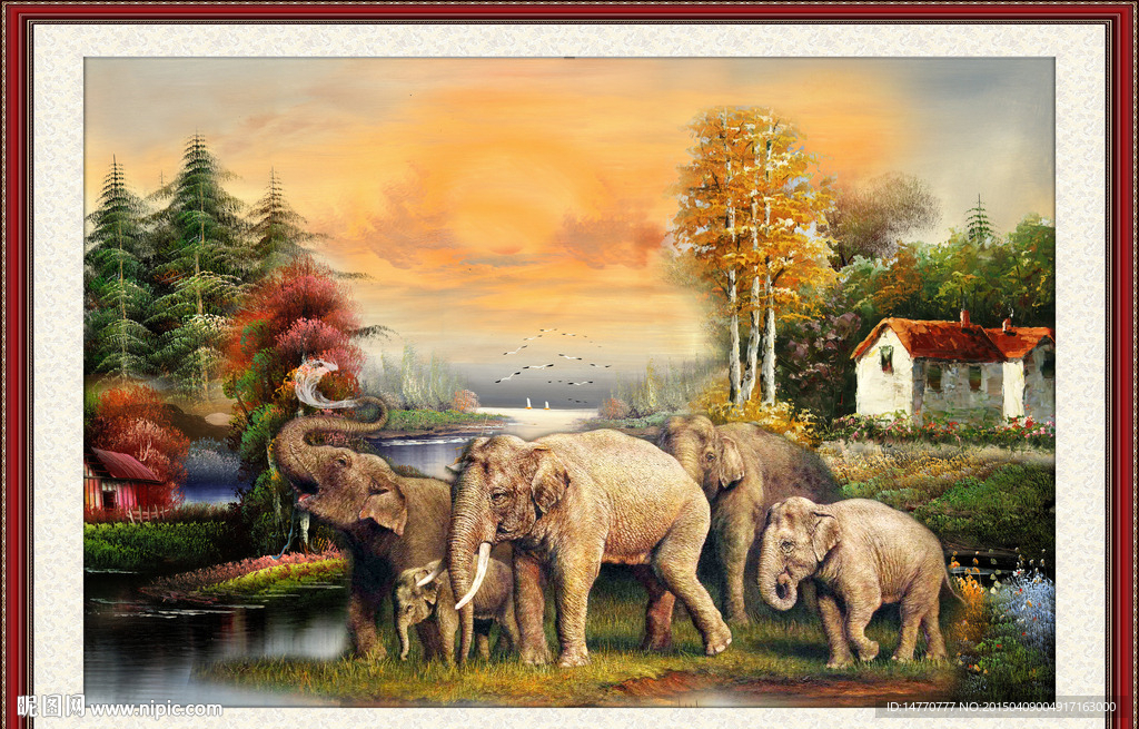 油画风景 大象
