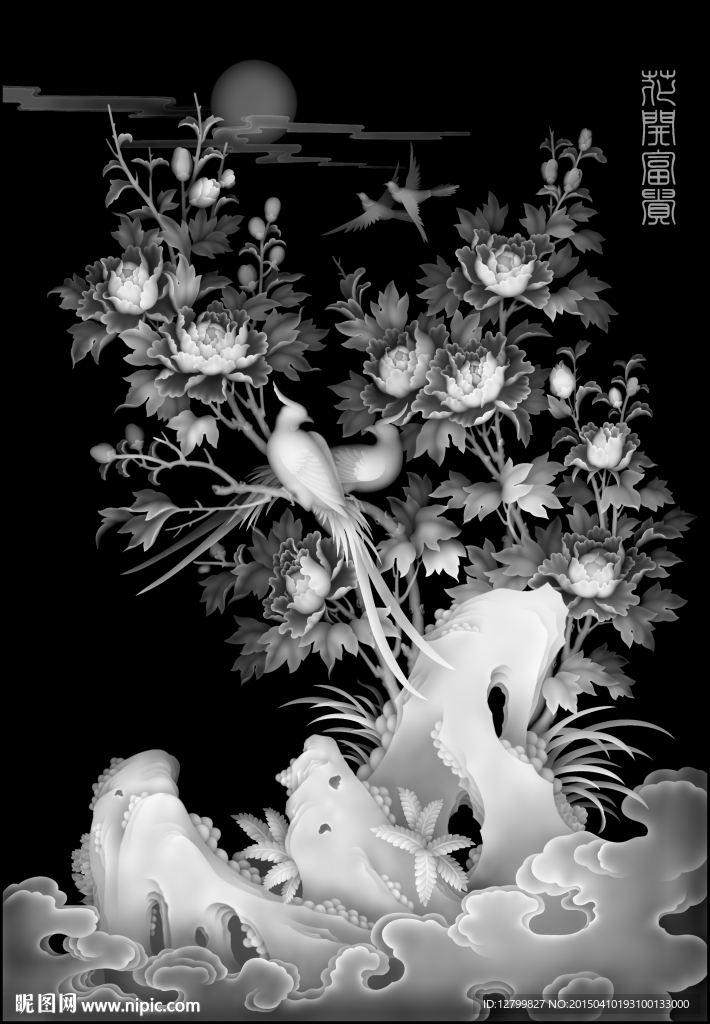 精品牡丹花鸟灰度图