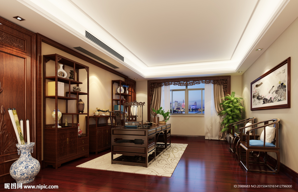 中式别墅书房效果图