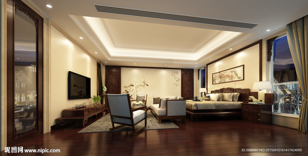 中式别墅主卧效果图