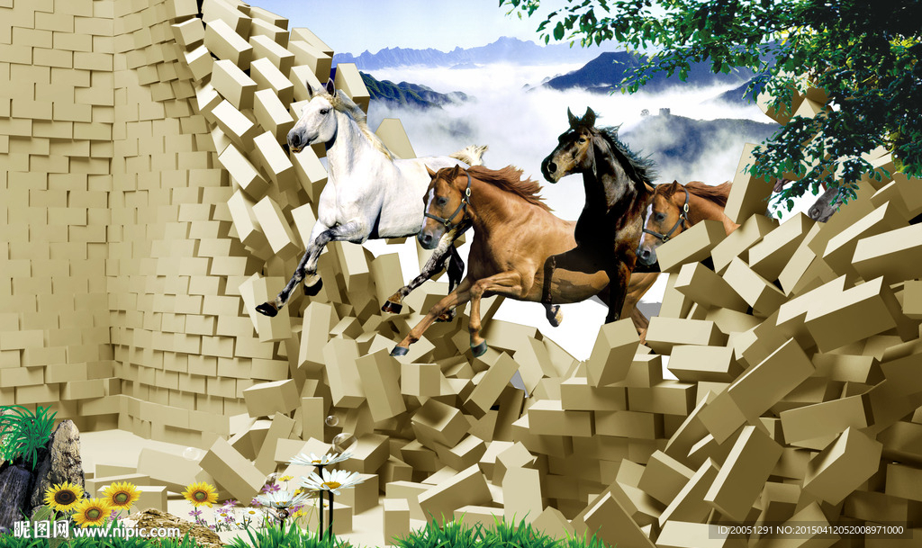 3d壁画 万马奔腾