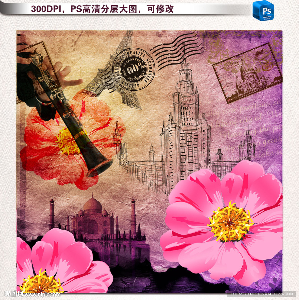 欧美怀旧手绘建筑花卉图片