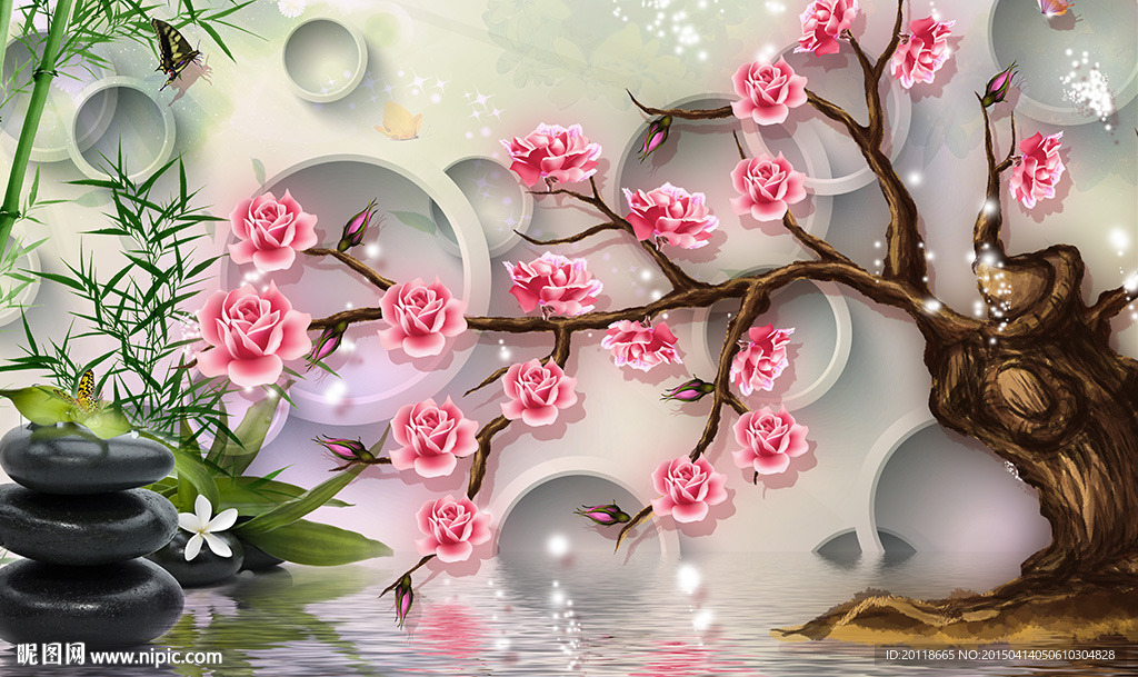 玫瑰花枝树枝背景墙装饰画图片