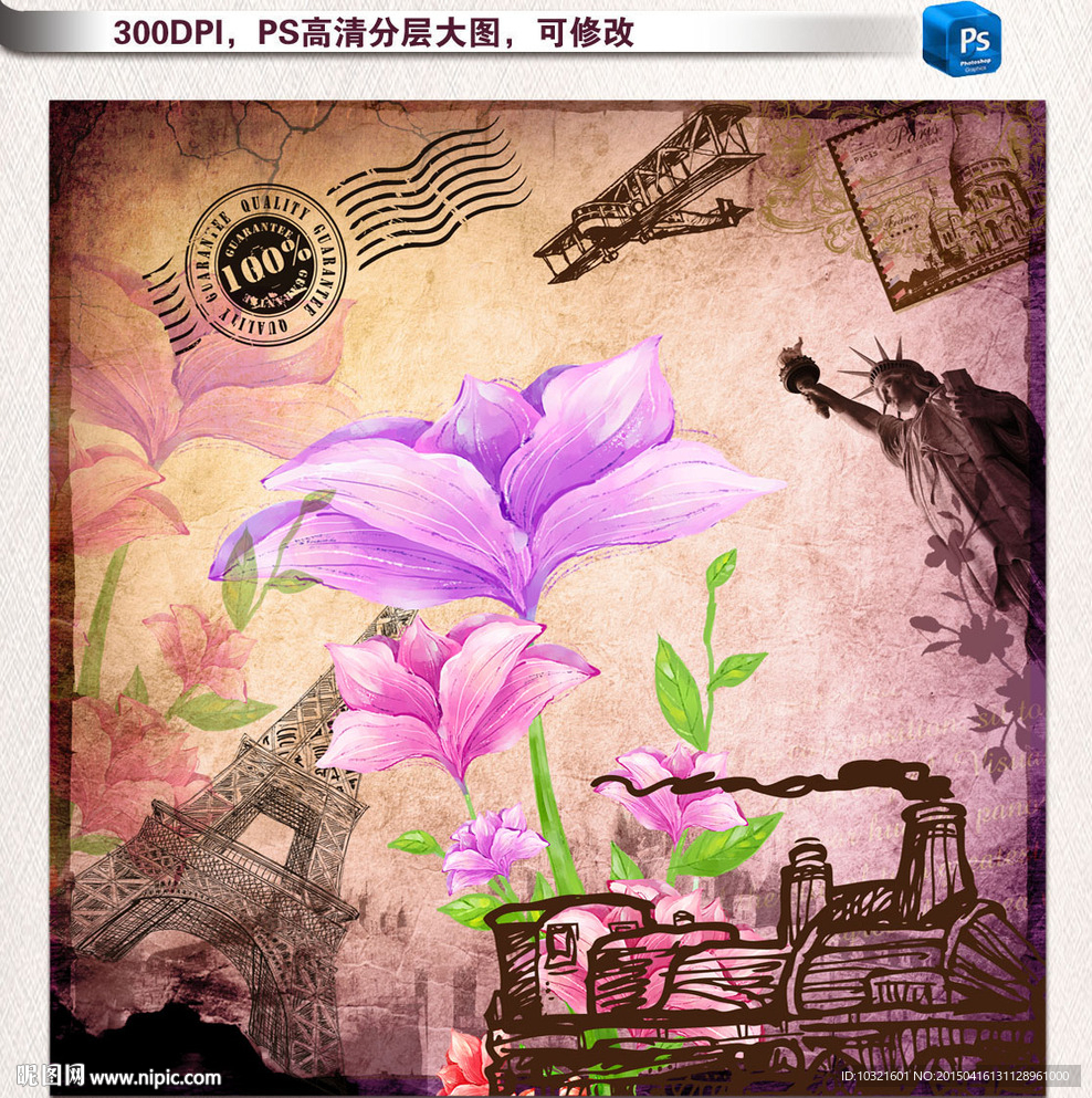 欧美怀旧手绘建筑花卉图片
