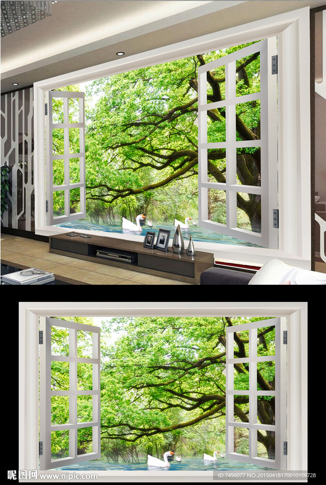 高清窗外立体风景背景墙
