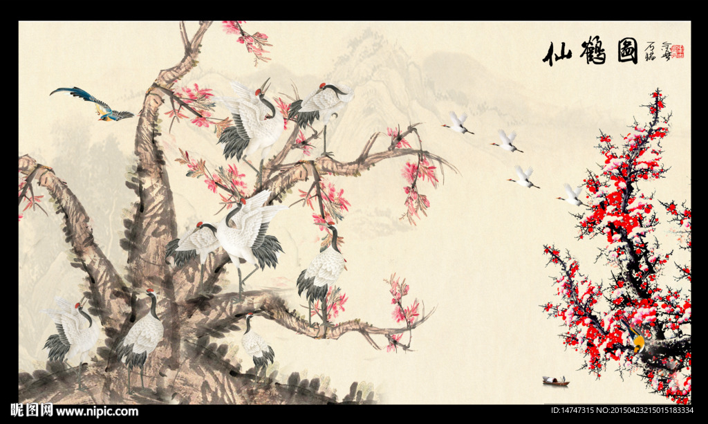 梅花仙鹤图