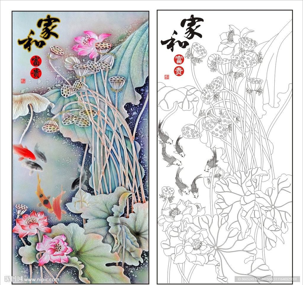 彩雕荷花玄关背景墙