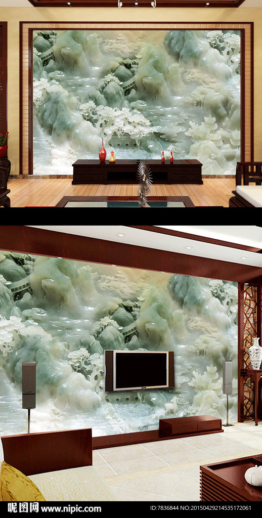 玉雕中式古典山水壁画背景墙设计