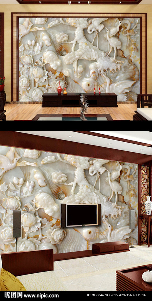 高清松树玉雕牡丹仙鹤背景墙