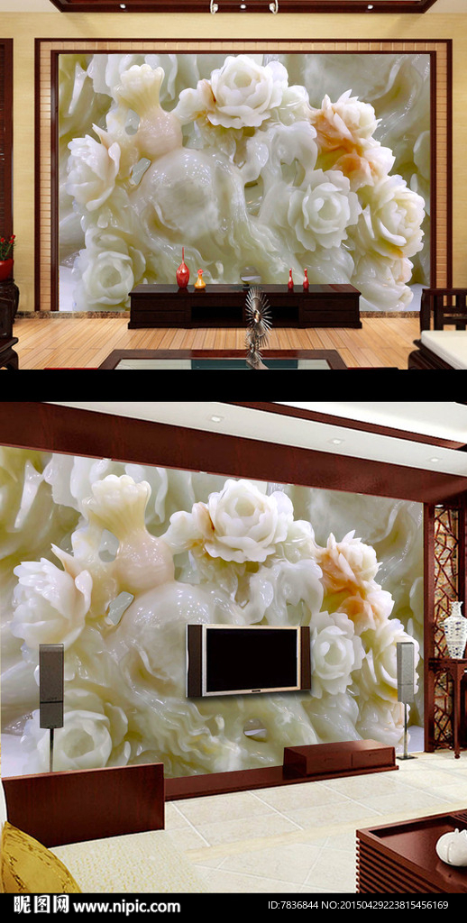 3d立体浮雕玉雕牡丹背景墙