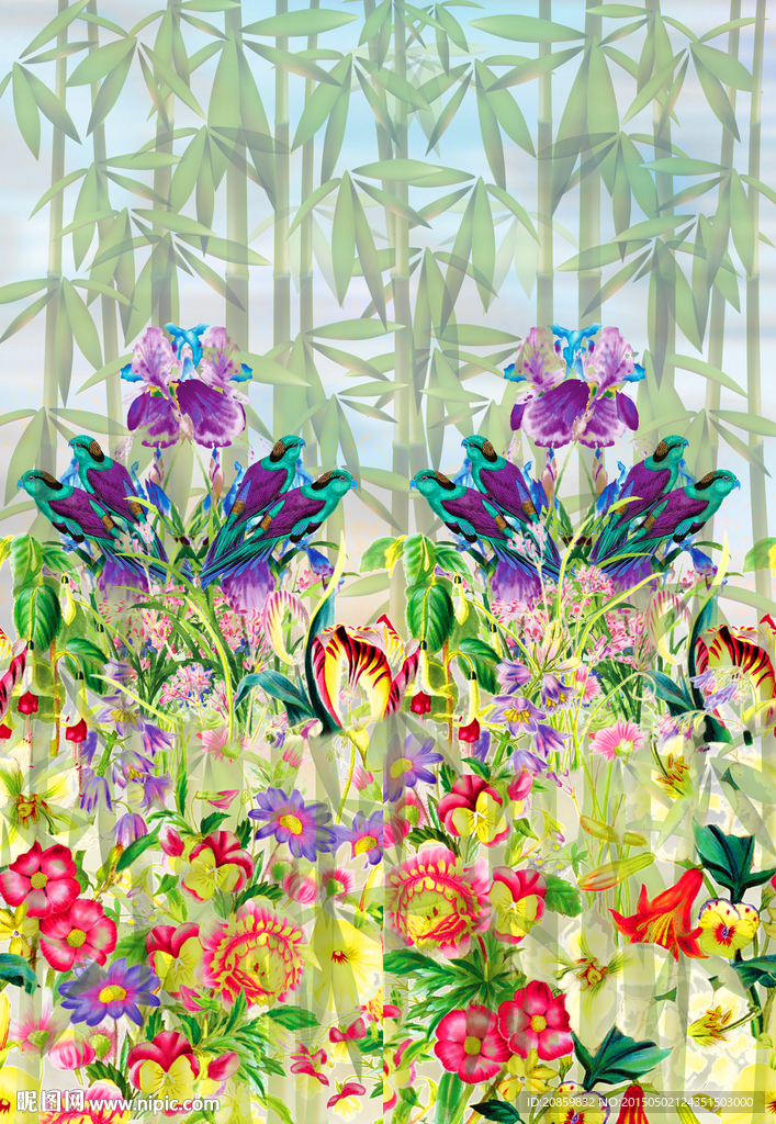 花卉鸟竹林 印花图案分层