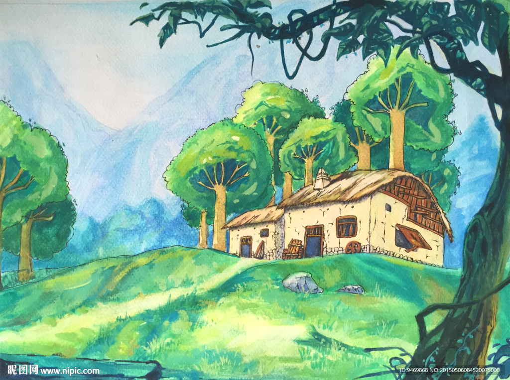 手绘水彩卡通动漫风景画