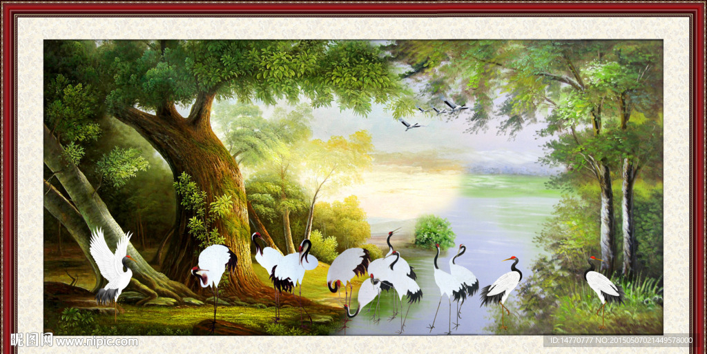 油画风景 仙鹤归宿