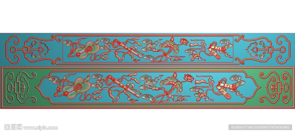 长八仙八宝精雕图浮雕图灰度图