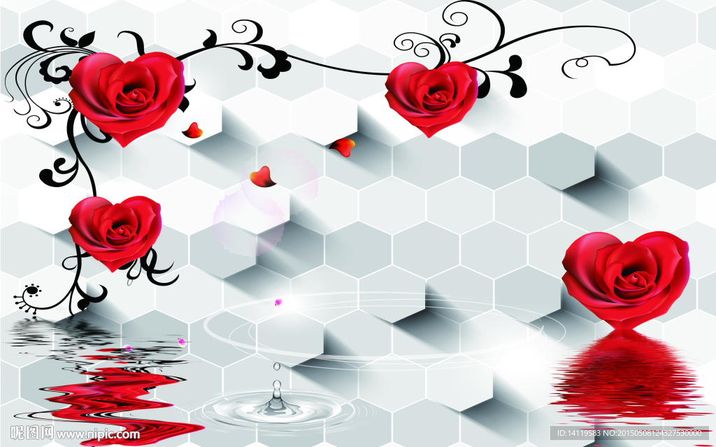 3D蜂巢玫瑰背景墙