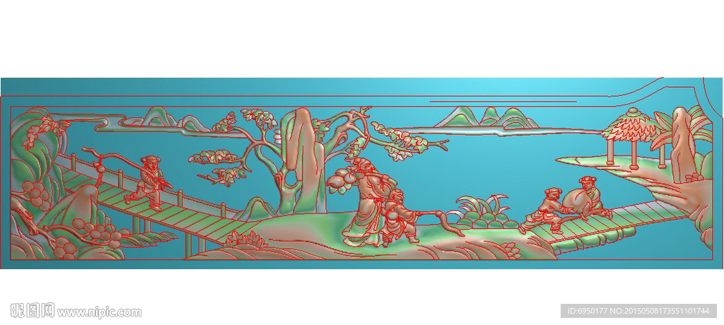山水风景八仙床扶手精雕图浮雕