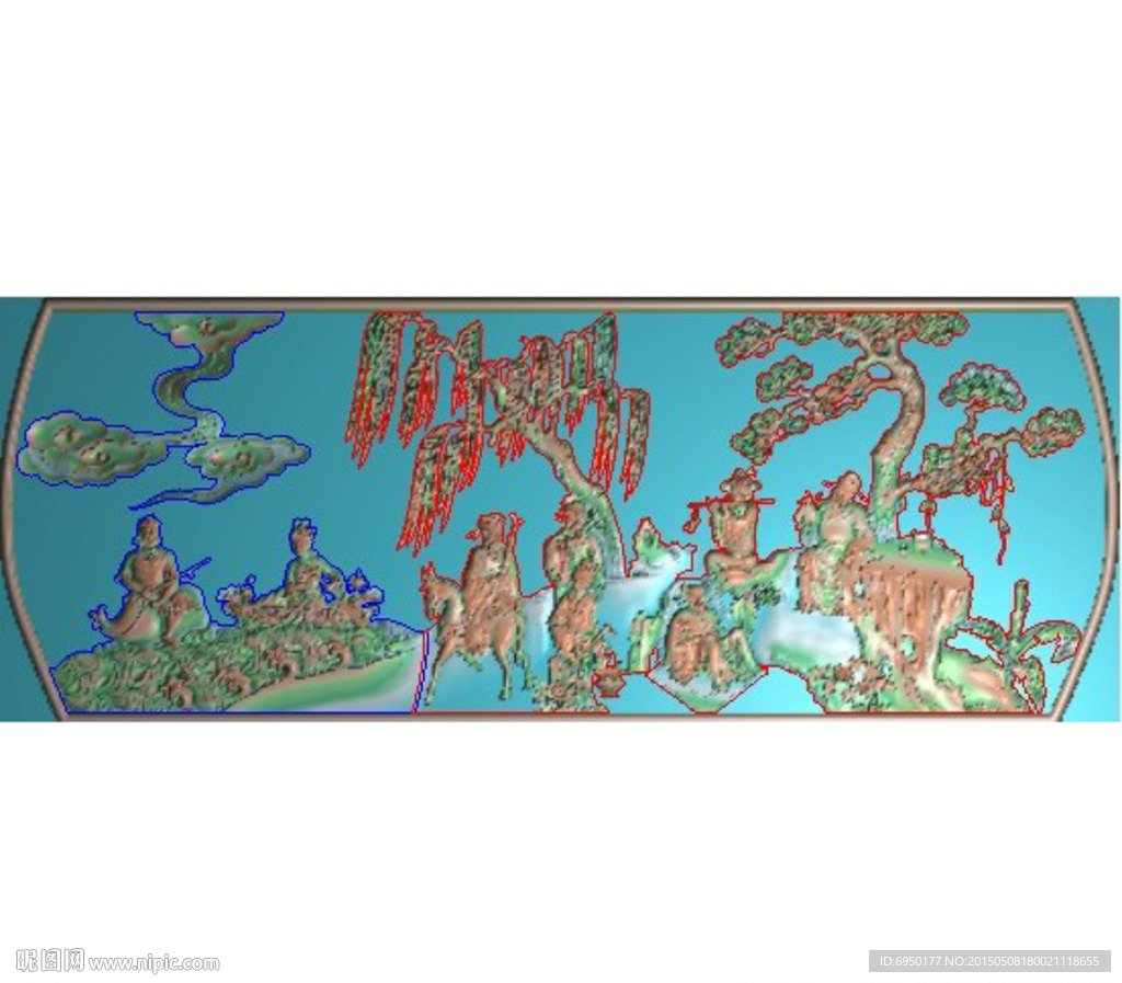 八仙过海山水风景精雕图浮雕灰度