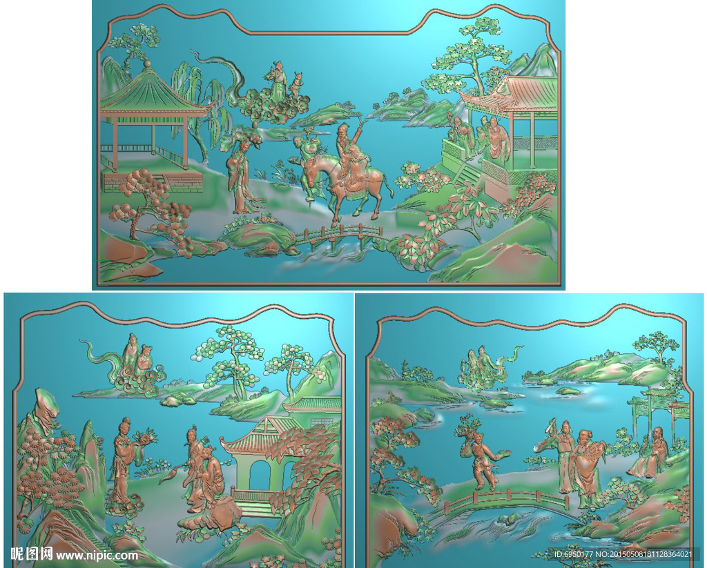 山水人物八仙床板精雕图浮雕灰度