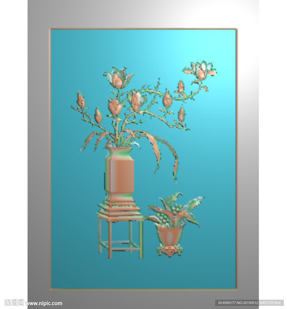 玉兰花花瓶门板精雕图灰度图浮雕