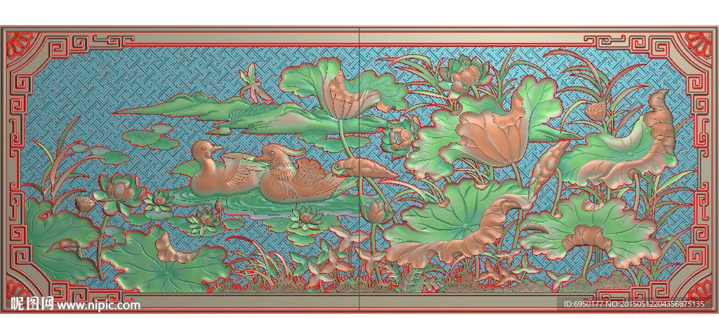 荷花鸳鸯大床花板精雕图灰度浮雕