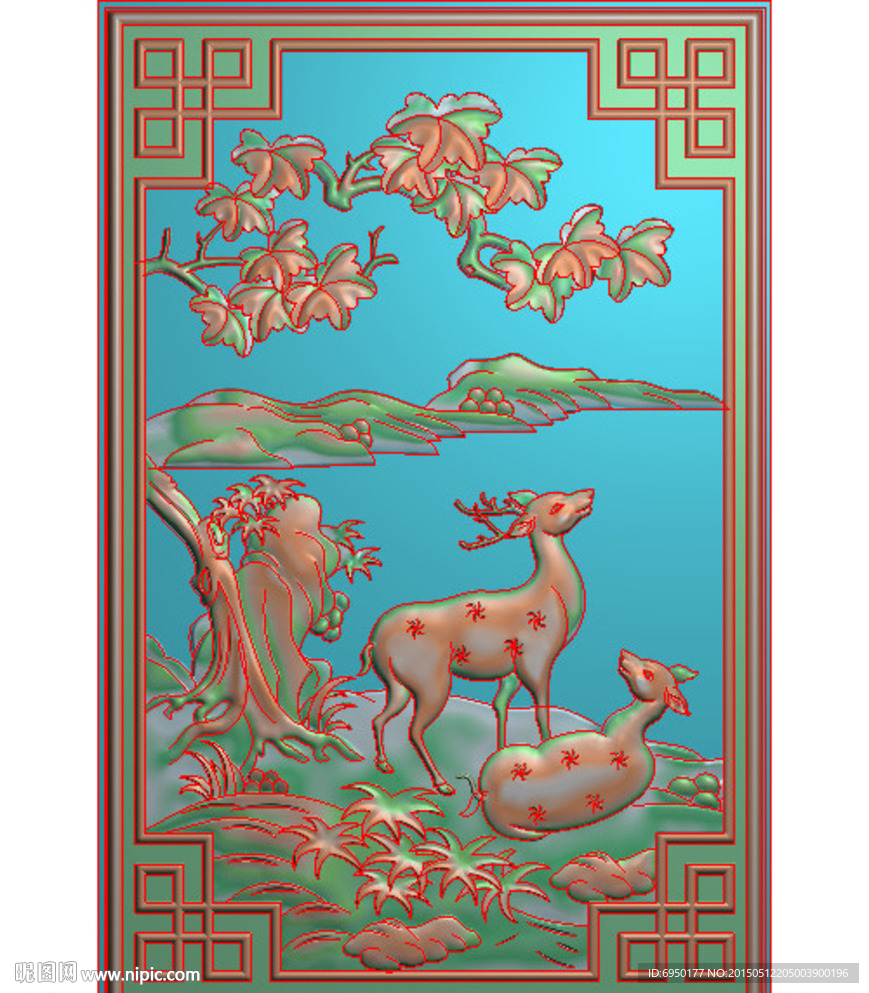 梅花鹿背板精雕图灰度图浮雕