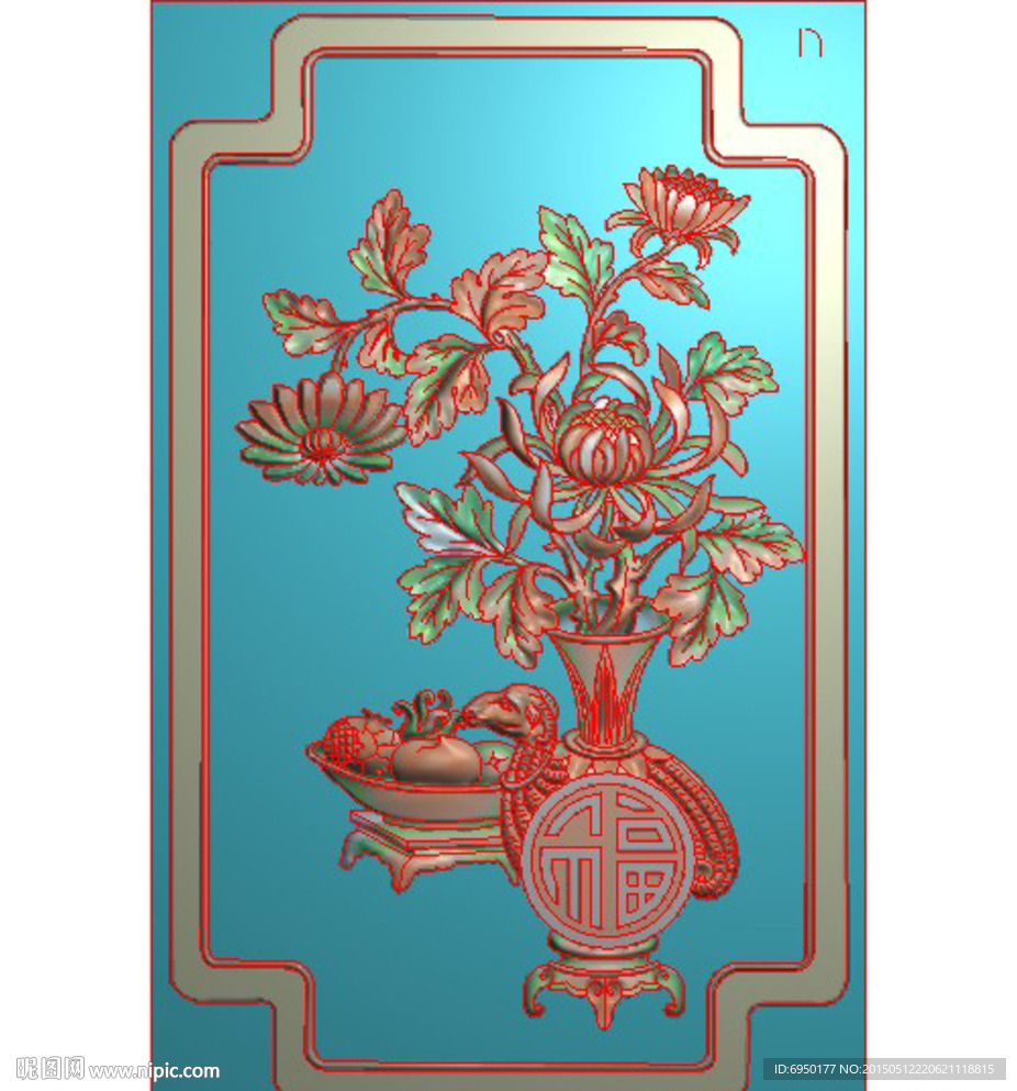 菊花兽花瓶背板精雕图浮雕图灰度