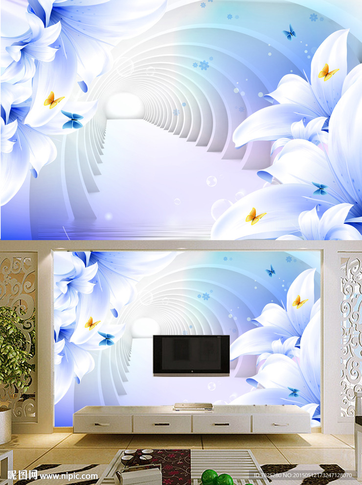3D空间百合电视背景墙图片
