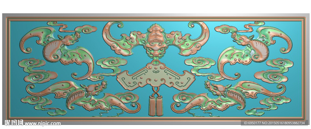 五蝙蝠祥云床板精雕图灰度图浮雕