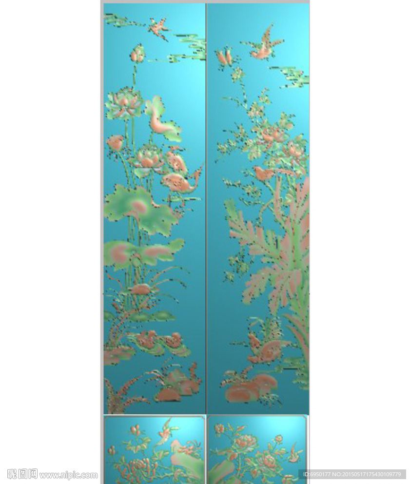 四季花鸟顶箱柜精雕图灰度图浮雕