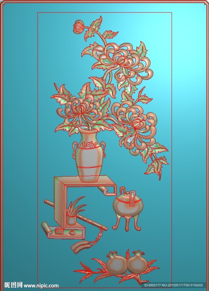 博古菊花花瓶精雕图灰度图浮雕图