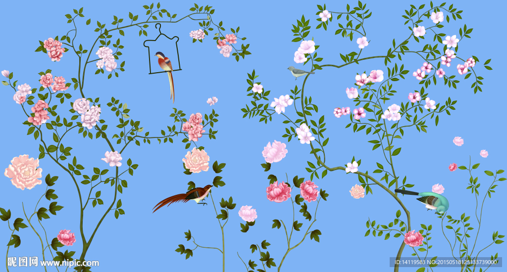 蓝色花鸟画