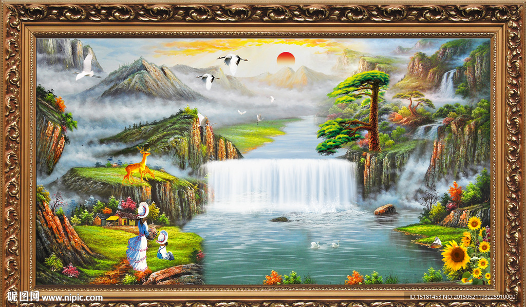 瀑布油画