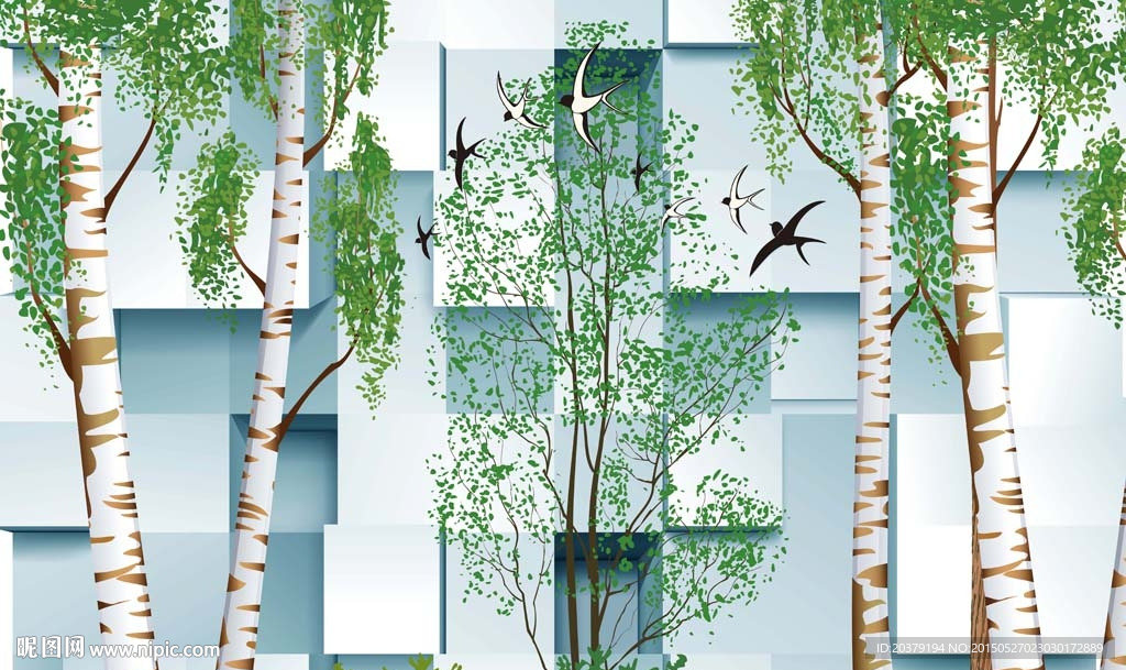 现代立体矢量白杨树春意背景