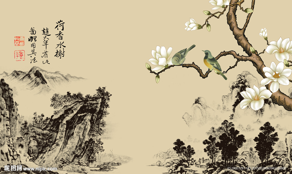 中国风花鸟壁画