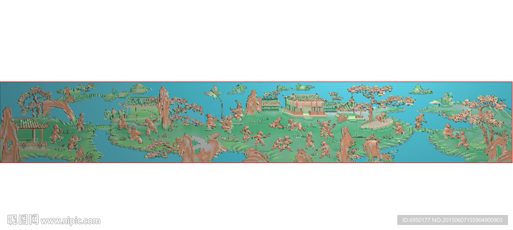 百子床山水童子床板精雕图灰度