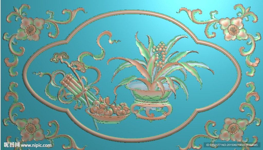 兰花花瓶仿古床侧板精雕图灰度图