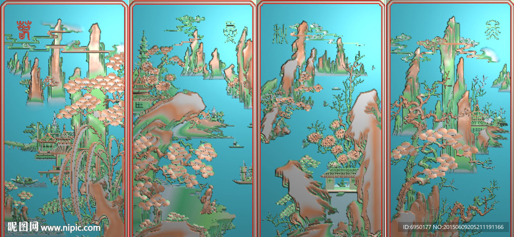 春夏秋冬山水沙发靠背精雕图灰度