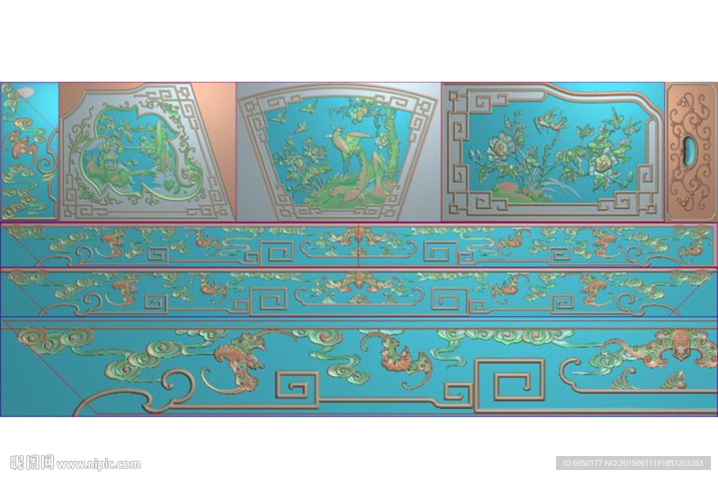 花鸟蝙蝠大床精雕图浮雕图灰度图