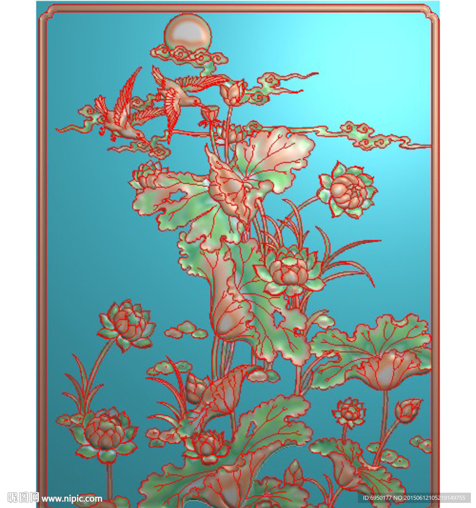 月亮花鸟荷花书柜门板精雕图灰度