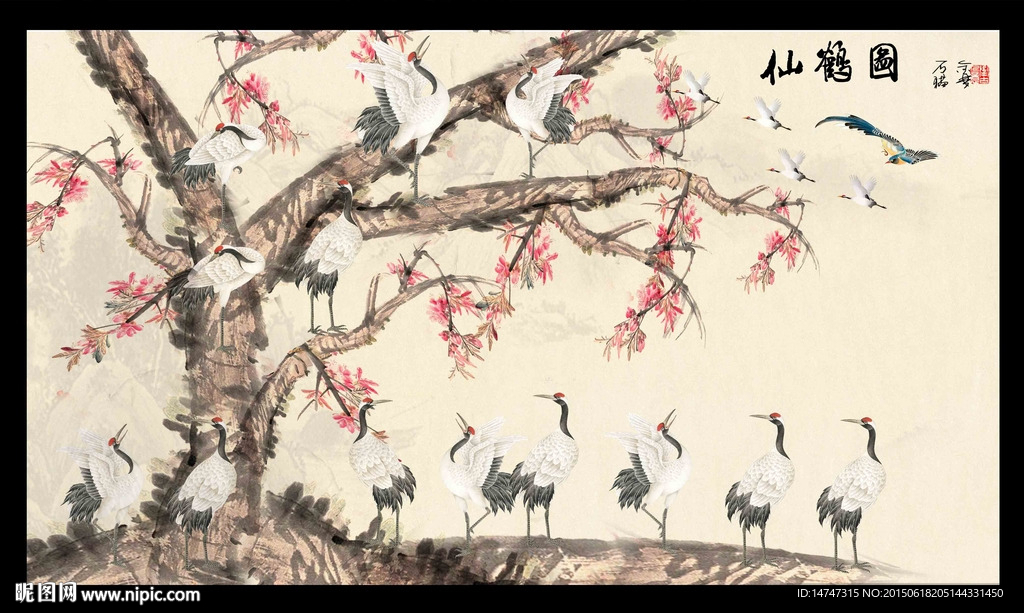 梅花仙鹤图
